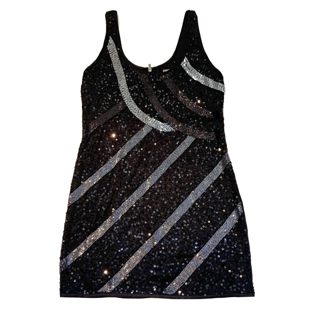 Guess Beaded Sequin Cocktail Dress Sparkly Black Silver Striped Size 7 Sexy Hot